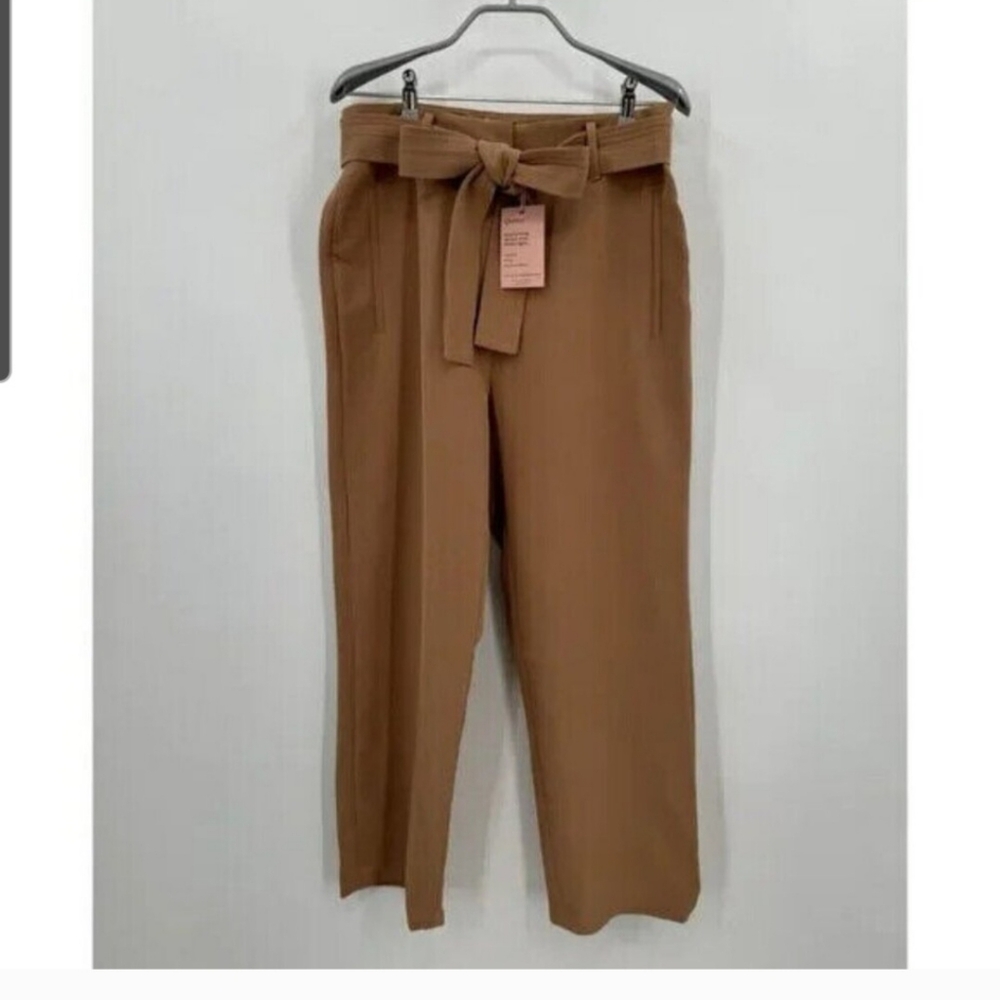 Quince Camel-Tan Stretch Crepe Paperbag Pants sz S Tie Waist Belt 26" Inseam